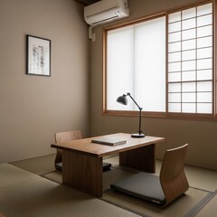 Minimalist Japanese Interior with Tatami Mats, Wooden Furniture, and Soft Lighting