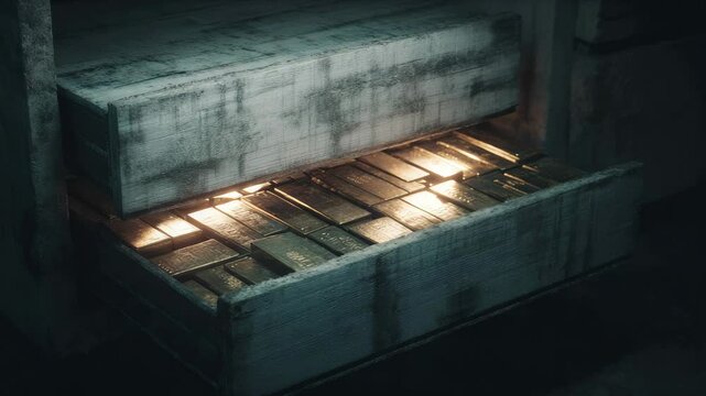 Hidden vault glows in darkness, guarding Hitler's gold. Conspiracy theories swirl around its sealed metallic doors. Hitler's gold remains untouched, waiting in shadows.
