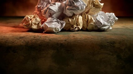 Pile of crumpled paper balls representing creative block on mottled surface under dim lighting, symbolizing frustration and wasted potential