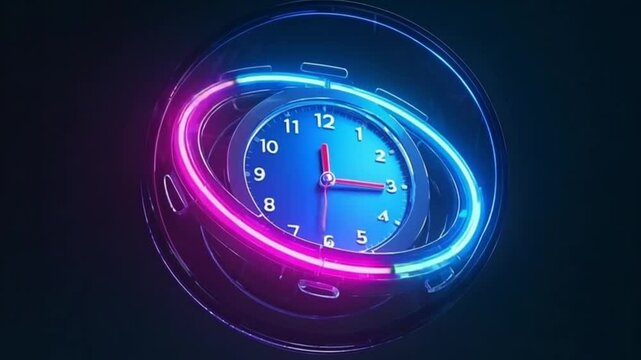 3D render of neon clock with abstract time elements and futuristic, glowing vibrant colors on dark background with cinematic lighting and focus blur | video download