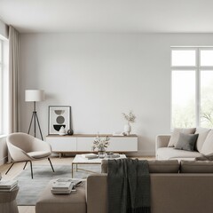 Modern Living Room Interior with Neutral Tones, Minimalist Decor, and Natural Light