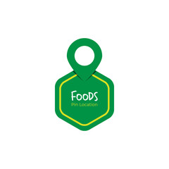 Pin location of healthy food restaurant. Foods pin point label logo design. 