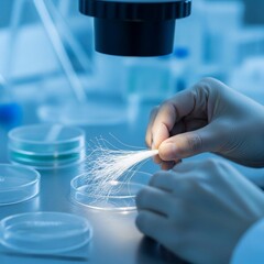 Scientist Examining Fiber Optics Under Microscope in Laboratory Setting