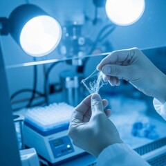 Scientist's Hands Examining a Delicate Fiber Sample in Laboratory Setting