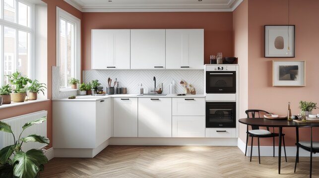 Modern kitchen with a blush pink accent wall.