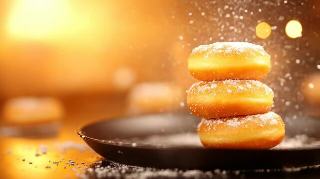 Delicious stack of three glazed donuts dusted with powdered sugar black plate, showcasing sweet baked goods and dessert treats, perfect snack food with soft pastry and powdered sugar for cozy