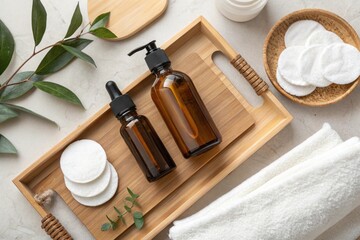 Bathroom counter flatlay: amber glass skincare bottles, cotton pads, bamboo tray, and a minimalist towel. Neutral tones, spa-like feel.