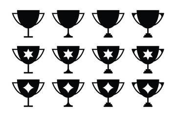 Trophy Cup Icon Set. Black Silhouette Vector Awards with Stars and Diamonds on Transparent Background