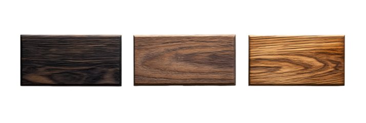 Elegant trio of wood samples showcasing various textures and tones against black