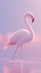 Elegant flamingo standing gracefully in the water, bathed in soft pink and lavender hues, a tranquil scene.