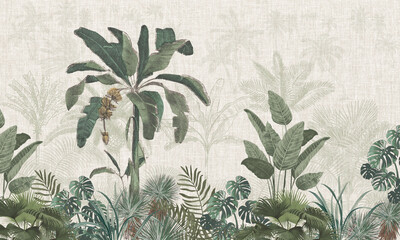 Botanical Wall Mural: Light Green Palms & Exotic Leaves Panoramic Border Design © csinie1
