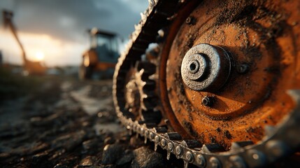 Close-up of a heavy construction vehicle track with blurred background machinery