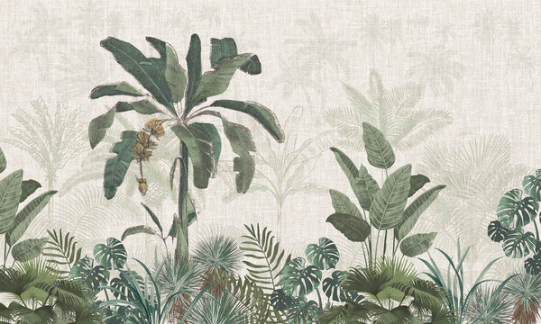 Vintage jungle met bananenboom op linnen