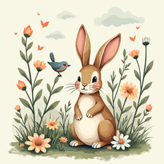 Whimsical Spring Bunny: Vector Art with Blooming Flowers, Birds and Organic Elements. Hand-Drawn Texture, Soft Greens, Earthy Browns, and Light Blues. Easter, April, Nature, Peaceful Mood, Relaxing