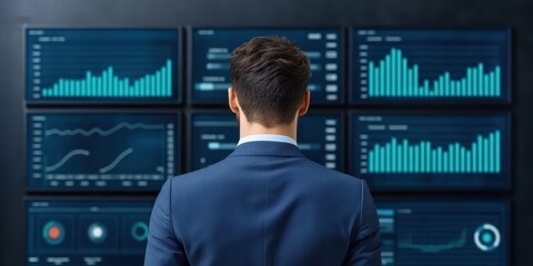 economy growth demand concept. A professional analyzing data on multiple screens in a modern workspace.