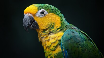 Fototapeta premium Vibrant yellow and green parrot perched on tree branch in tropical forest setting with bright feathers and exotic wildlife atmosphere ideal for nature, birdwatching, and jungle-themed design concepts