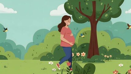 Pregnant woman walking in a park illustration pregnancy announcement health lifestyle nature