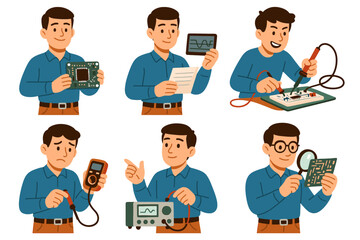 Electronics engineer using FPGA, logic analyzer, breadboard, multimeter, RF tuner, PCB layout, emotional expression, flat vector