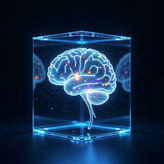 An AI Brain Made of Pulsing Holographic Filaments Suspended in a Glass Cube, with Each Thought Visualized as a Radiant Burst of Color and Light, AI-generated