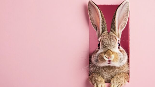 Easter bunny peeps out of the pink wall.
