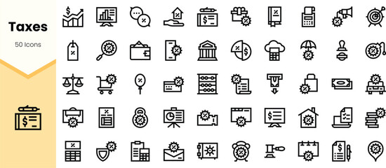 A collection of tax-related icons, including charts, calculators, and documents, designed in a minimalist style. Perfect for financial and accounting themes.
