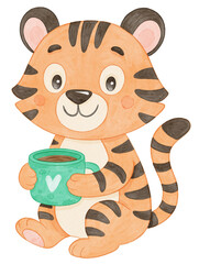 Cute tiger holding green coffee cup, watercolor cartoon jungle animal