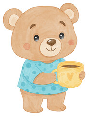 Cute bear in blue shirt holding yellow coffee cup, watercolor cartoon illustration.