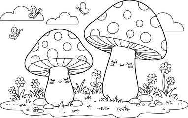 Whimsical Mushroom Meadow that captures the playful and serene scene featuring adorable, smiling mushrooms, butterflies, and blooming flowers in a cheerful landscape.