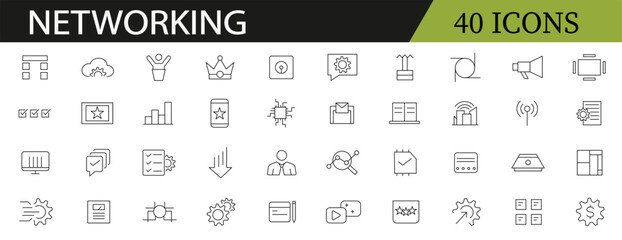 Networking related icon collections. Containing connection, communication, internet, data, link, signal, server, sharing, wireless, and technology icons. Editable Stroke. Outline icons.