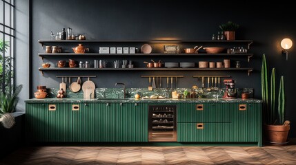 A modern kitchen with emerald green cabinets and dark accents.