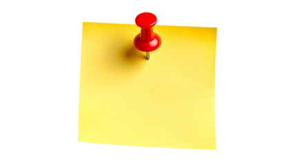 Yellow sticky post it note with red pushpin isolated on transparent background