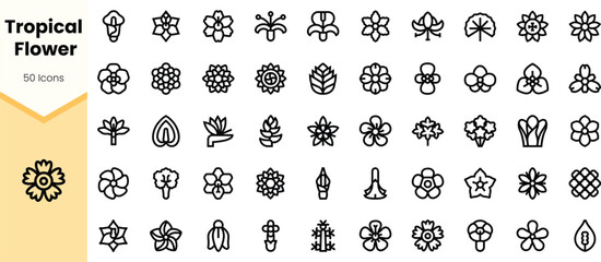 Set of tropical flower icons, featuring diverse floral designs in a clean, minimalistic style, ideal for nature-themed projects.