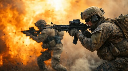 Intense combat on a gritty battlefield at dusk with soldiers navigating explosions and chaos