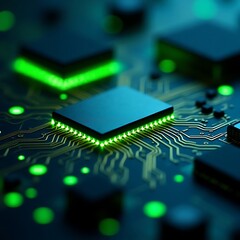 artificial intelligence, computer chip, electronic circuit board, futuristic technology, glowing green lights, macro photography, technological innovation, cutting-edge electronics
