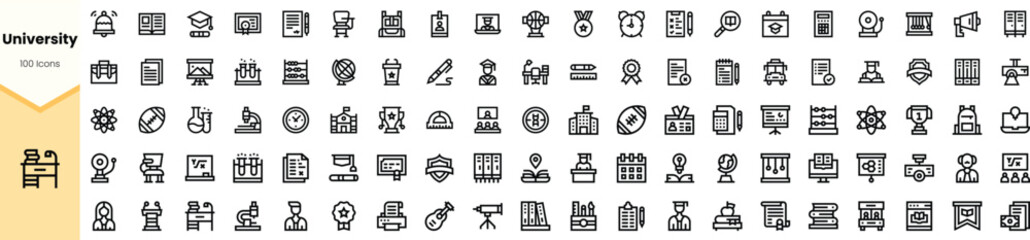 A comprehensive collection of university-related icons, featuring various symbols that represent education, learning, and student life, perfect for educational designs.