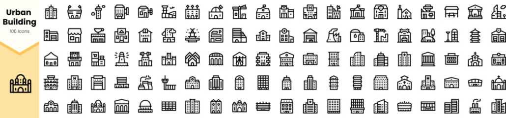 A diverse collection of urban building icons, featuring a variety of architectural styles and designs in a clean, minimalist outline style.