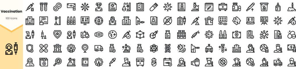 A comprehensive collection of vaccination-related icons featuring diverse symbols such as syringes, medical charts, and health symbols in sleek line art style.
