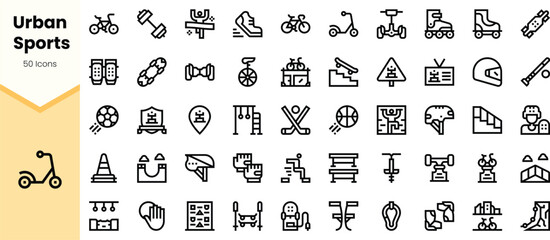 A diverse collection of icons representing various urban sports, including cycling, skateboarding, and rollerblading, depicted in a minimalistic black outline style.
