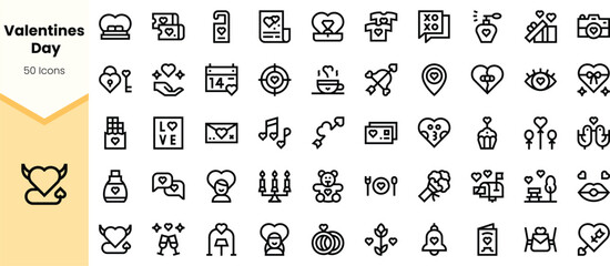 A collection of minimalist Valentine's Day icons featuring hearts, gifts, and romantic symbols, ideal for enhancing designs and celebrations for love-themed events.