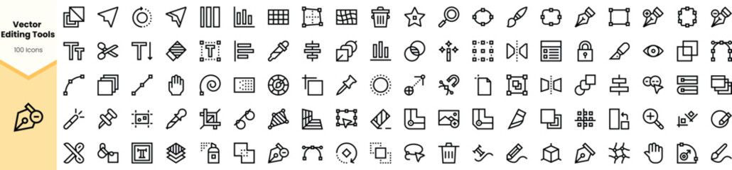 An array of sleek and minimalistic vector editing tools, featuring various icons for design and editing tasks, presented in a clean black style.