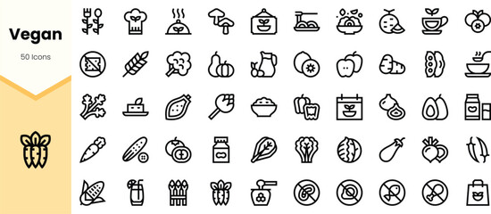A collection of minimalist black icons representing vegan food and lifestyle, including vegetables, cooking tools, and beverages, perfect for plant-based themes.