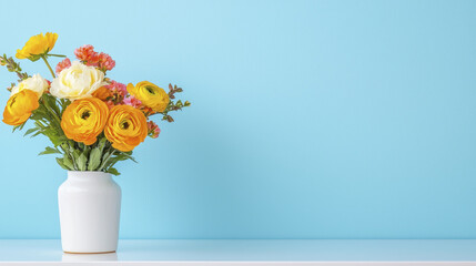 Bright and cheerful bouquet of yellow and white flowers in white vase against light blue background, adding fresh touch to any space
