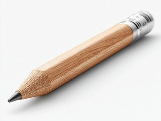 Wooden pencil with metal eraser holder on white backdrop, writing and drawing instrument, school and art supply