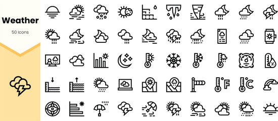 A collection of minimalist weather icons, showcasing various weather conditions from sunny to stormy, perfect for enhancing digital applications and designs.