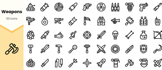 A collection of line icons representing various weapons, including guns, bombs, and shields, showcasing a modern design suitable for graphic use.