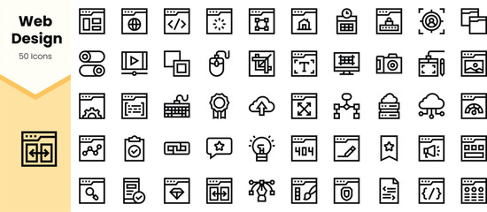 A collection of minimalist web design icons, featuring various tools and symbols commonly used in digital design and development.