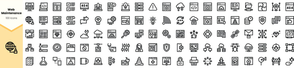 A collection of sleek web maintenance icons, perfect for digital design projects, showcasing various elements like security, data analysis, and communication.