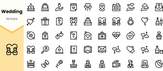 A collection of wedding-themed icons featuring symbols of love, celebration, and marriage, perfect for invitations and decorations.