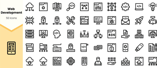 A collection of monochrome icons representing various aspects of web development, including coding, design, and user experience.