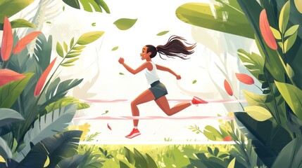 Small girl runner crossing finish line in a race competition in nature. illustration , no logos, no brands